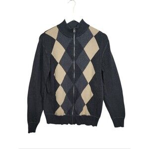 Dockers Men's Argyle Full-Zip Sweater Gray Tan Diamonds Size Large